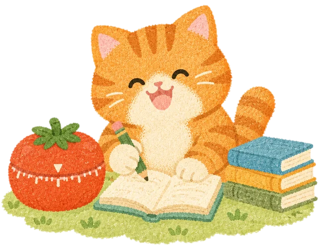 An orange cat writing in a notebook next to a tomato-shaped kitchen timer