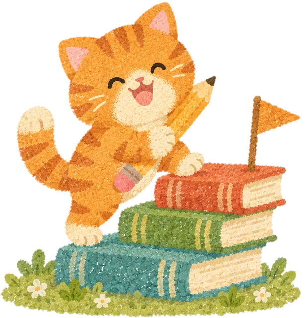 An orange cat taking its first step up a little staircase of books toward a flag