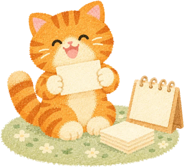 An orange cat holding up a flashcard next to a stack of cards and a little desk calendar
