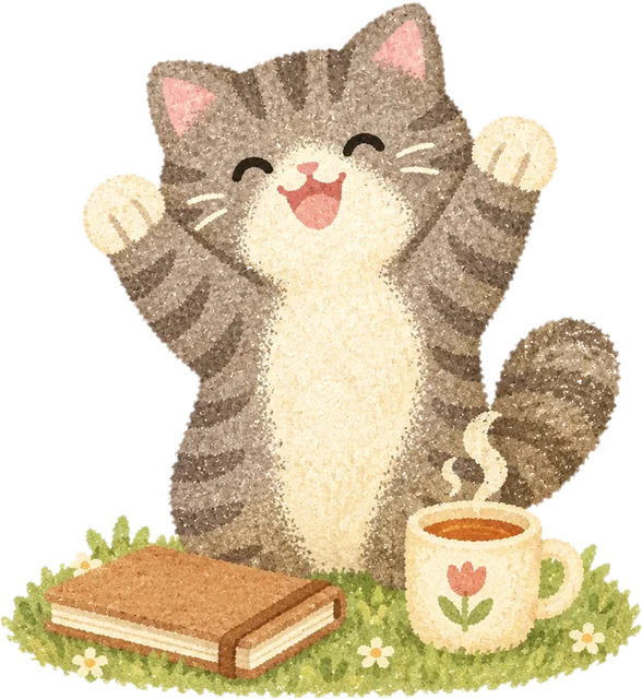 A happy grey tabby cat stretching its paws up next to a closed notebook and a steaming mug of tea