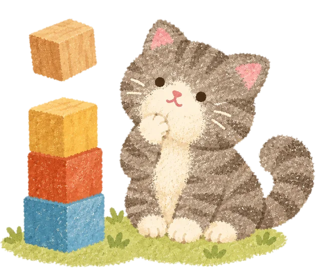 A grey tabby cat looking up at a stack of toy blocks with the last block still floating above it