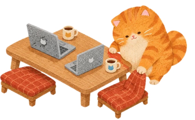 An orange cat pulling out a seat for you at its table