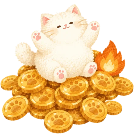 A cat cheering on a pile of paw coins next to a streak flame
