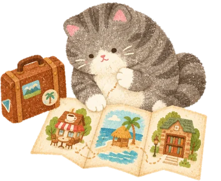 A cat with a suitcase looking at a map of the café, the beach and the library