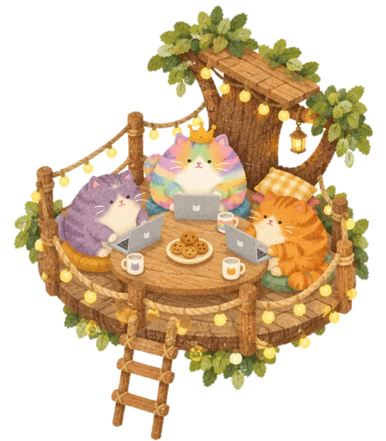 A rainbow cat with a crown focusing with two friends in a treehouse