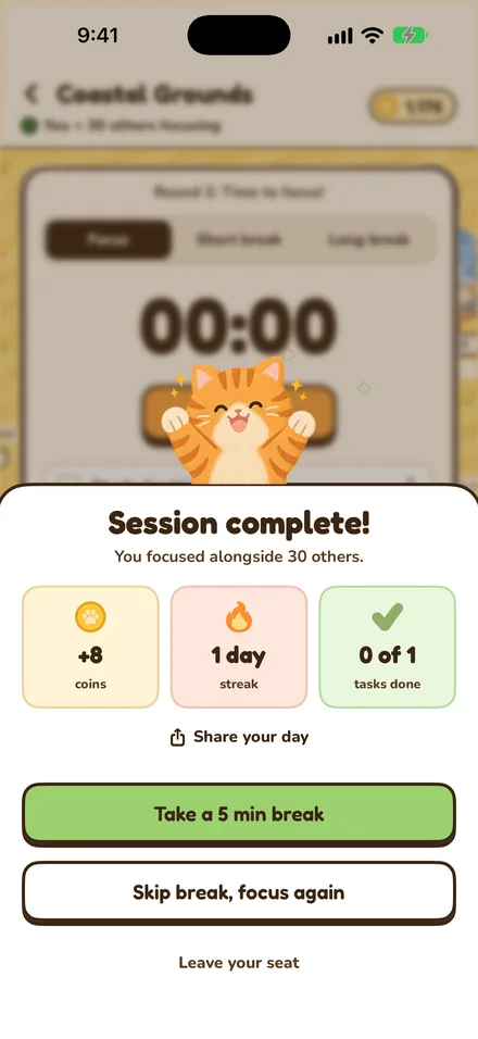 Session complete, with coins earned, a streak and tasks done