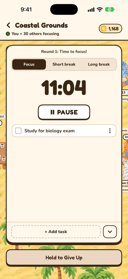 The focus timer screen, counting down with Pause